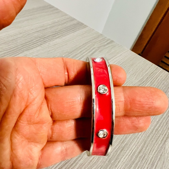 Vintage Silver and Pink Enamel Hinged Bangle Bracelet with CZ Diamonds, EUC - Picture 3 of 6